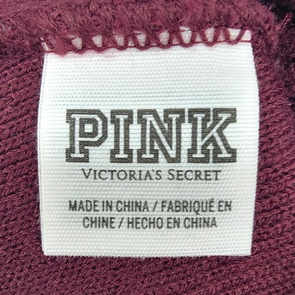 Victoria's Secret PINK Stocking Cap Winter Hat POM Beanie Knit Maroon White OSFA - Picture 2 of 3